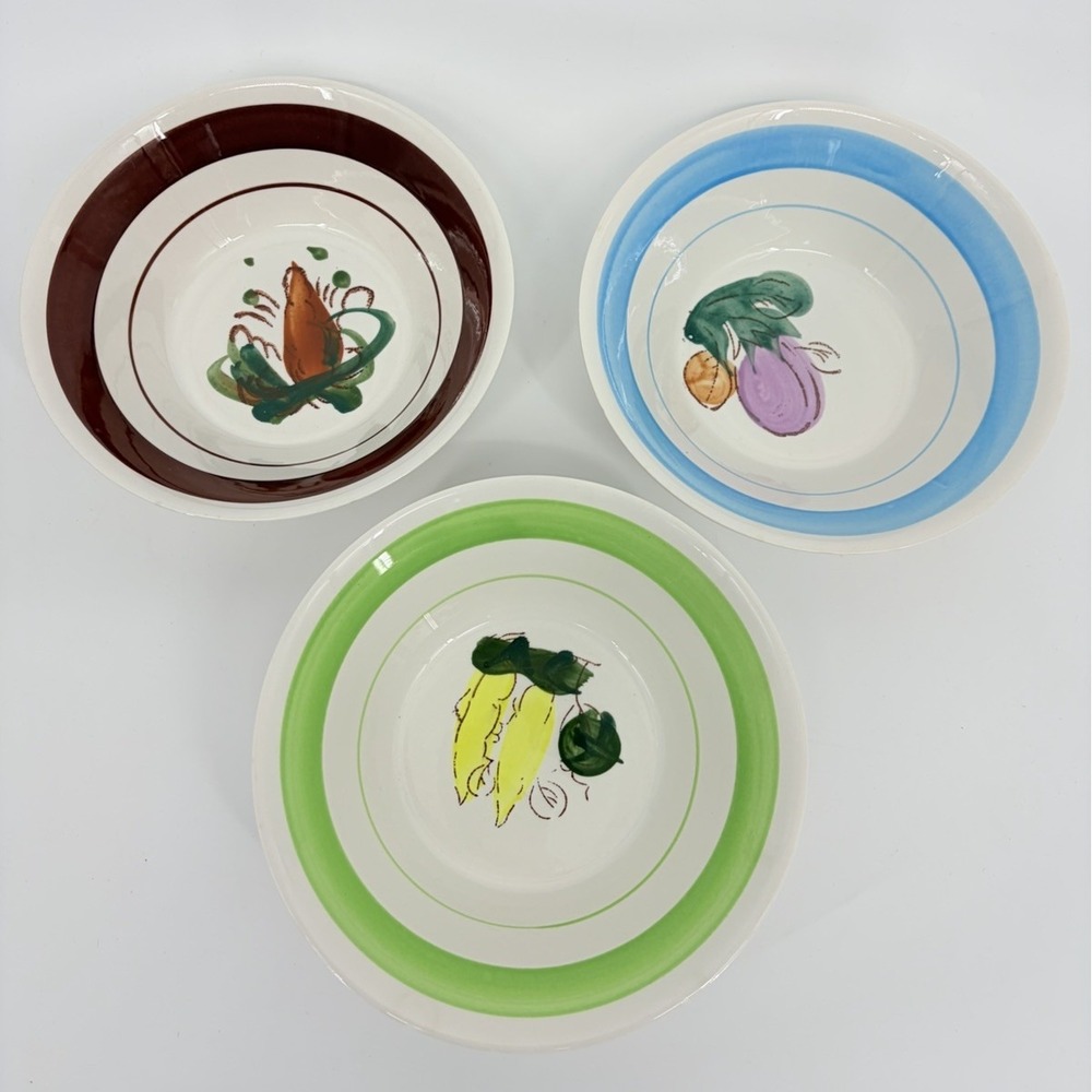 Vintage Action Korea Bowls Hand Painted Vegetables Set of 3 Minor Chips